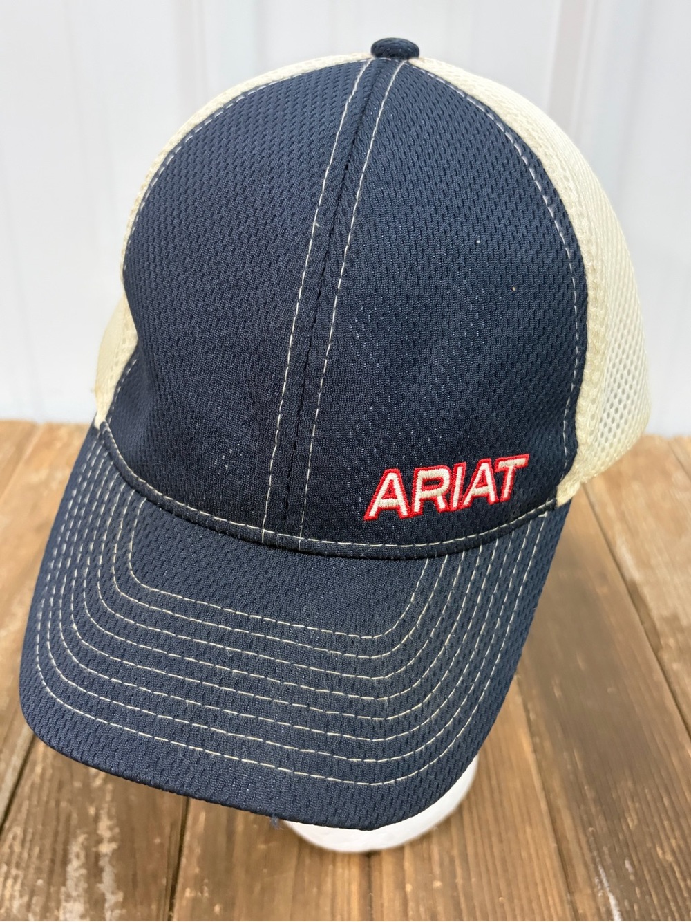 Ariat Navy and Cream Mesh Trucker Hat with Red Logo